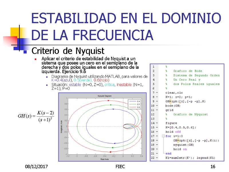 08/12/2017 FIEC 16 ESTABILIDAD EN EL DOMINIO DE LA FRECUENCIA Criterio de Nyquist Aplicar